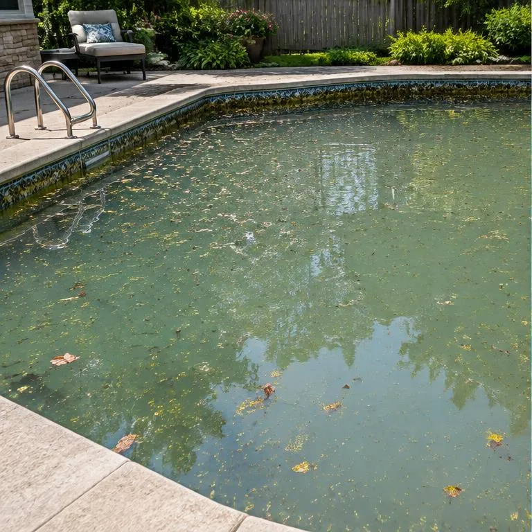 Before: Illustrative comparison: leaves and scum along the waterline, then a spotless pool.