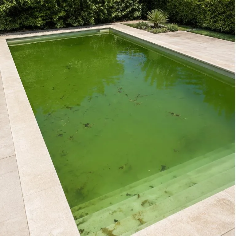 Before: Illustrative comparison: algae-clouded water and a crystal-clear pool.