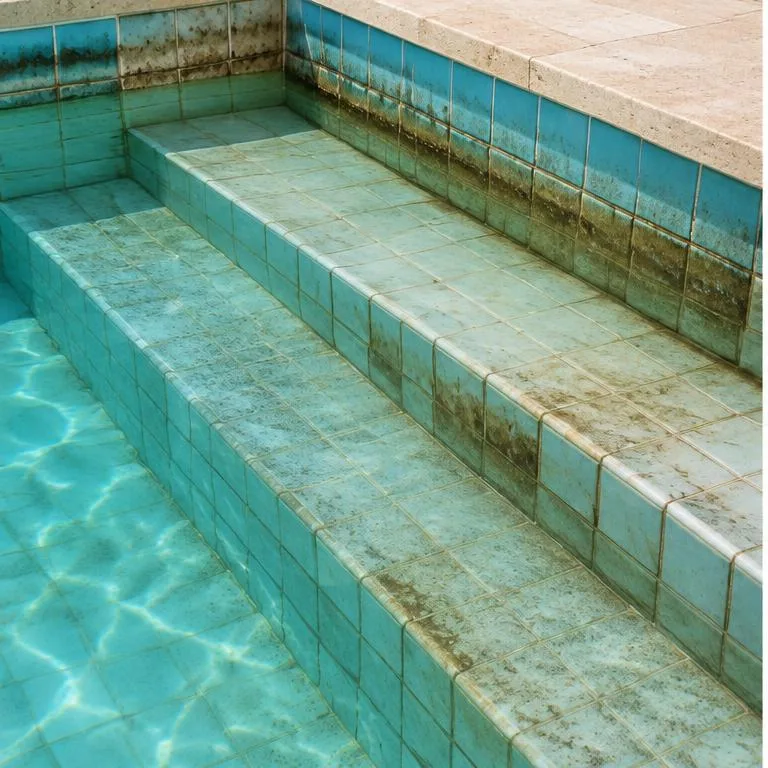 Before: Illustrative comparison: stained steps and clean pool tiles.